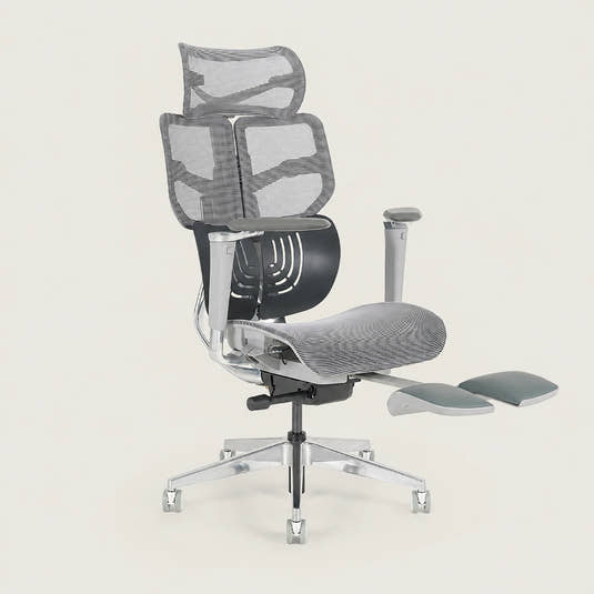 Shappa Spencer ergonomic office chair with footrest fully extended for full recline