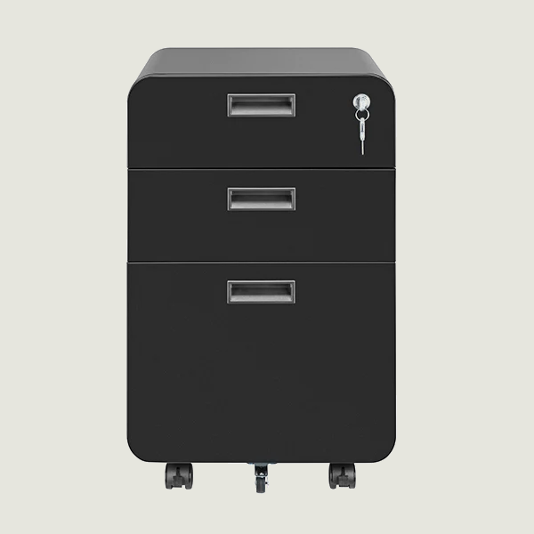 White 3 drawer filing cabinet with wheels, lockable office storage cabinet for home office, under desk pedestal drawer unit on neutral beige background.