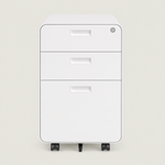 White under desk filing cabinet with 3 drawers, lock and wheels, perfect for office documents, stationery and workspace organization.