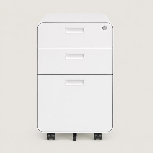 White under desk filing cabinet with 3 drawers, lock and wheels, perfect for office documents, stationery and workspace organization.