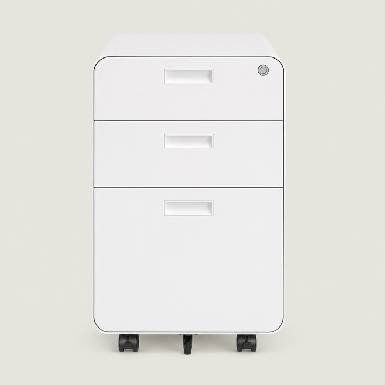 White under desk filing cabinet with 3 drawers, lock and wheels, perfect for office documents, stationery and workspace organization.