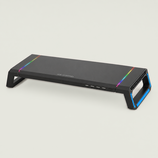 White gaming monitor stand with RGB lighting, USB ports, and blue side accents on a light beige grey background.