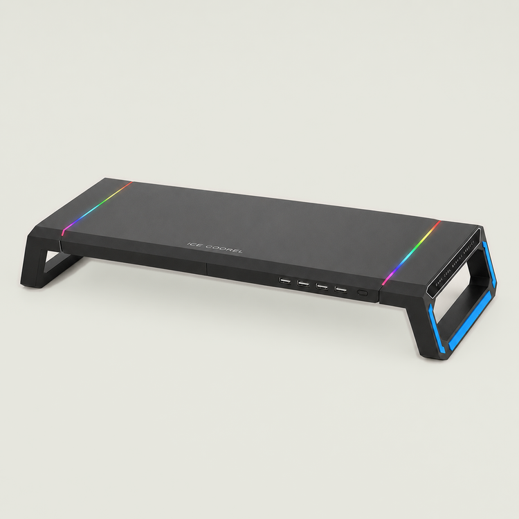 White gaming monitor stand with RGB lighting, USB ports, and blue side accents on a light beige grey background.