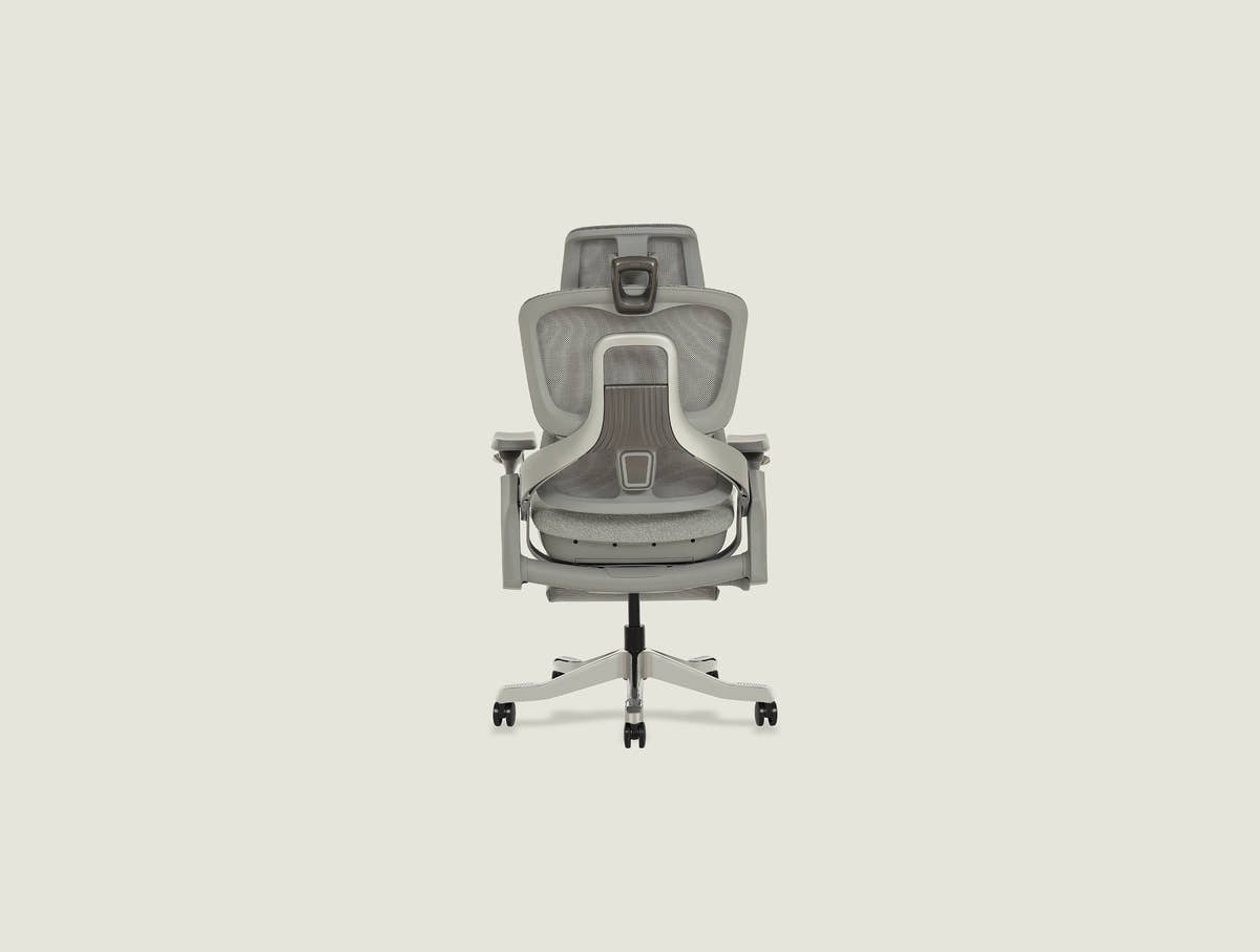 S5 ergonomic chair back view showing breathable mesh backrest and headrest with 6-point adjustment system