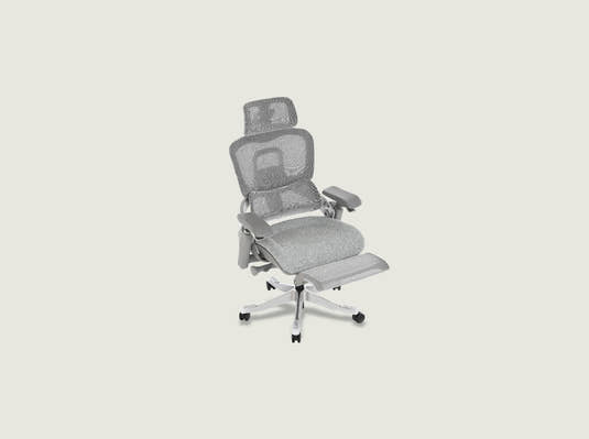 Shappa S5 ergonomic office chair with footrest extended — grey mesh back, headrest and adjustable armrests