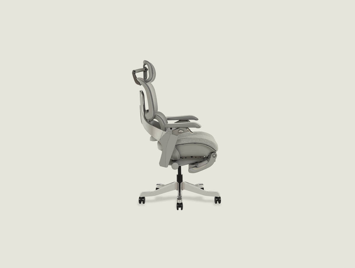 S5 ergonomic chair side view showing breathable mesh backrest and headrest with 6-point adjustment system