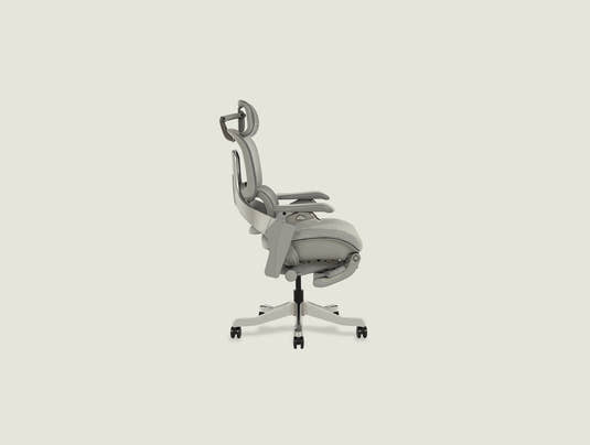 S5 ergonomic chair side view showing breathable mesh backrest and headrest with 6-point adjustment system