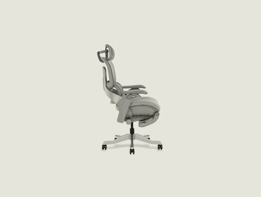 S5 ergonomic chair side view showing breathable mesh backrest and headrest with 6-point adjustment system