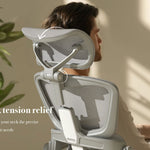 Smile ergonomic chair 5D adjustable armrests, 4-level 3D headrest, 4D lumbar support, and retractable footrest detail