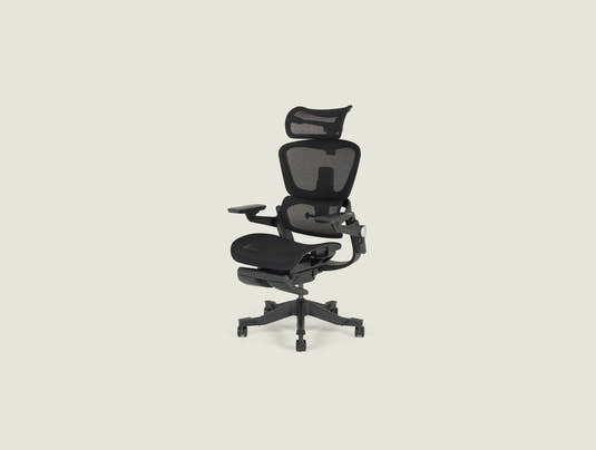 Smile foldable black ergonomic chair side view showing foldable design, triple-layer mesh backrest, and retractable leg rest