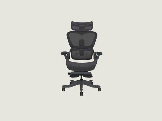 Shappa Black Smile foldable ergonomic office chair with 5D armrests, 3D headrest, lumbar support, and footrest - space-saving mesh desk chair