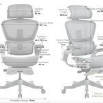 Shappa Smile foldable ergonomic chair front and side view with dimensions - adjustable seat height 44-54cm, retractable 82cm leg rest, 135kg capacity