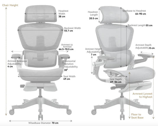 Shappa Smile foldable ergonomic chair front and side view with dimensions - adjustable seat height 44-54cm, retractable 82cm leg rest, 135kg capacity