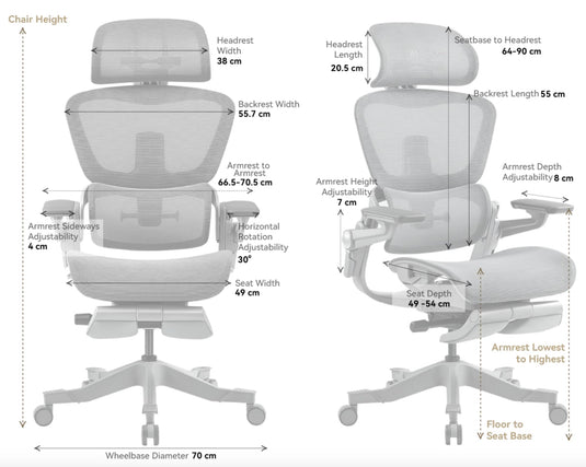 Shappa Smile foldable ergonomic chair front and side view with dimensions - adjustable seat height 44-54cm, retractable 82cm leg rest, 135kg capacity