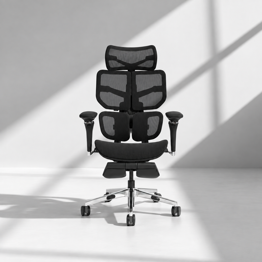 Black Spencer Air ergonomic chair in a minimal grey studio with window shadows