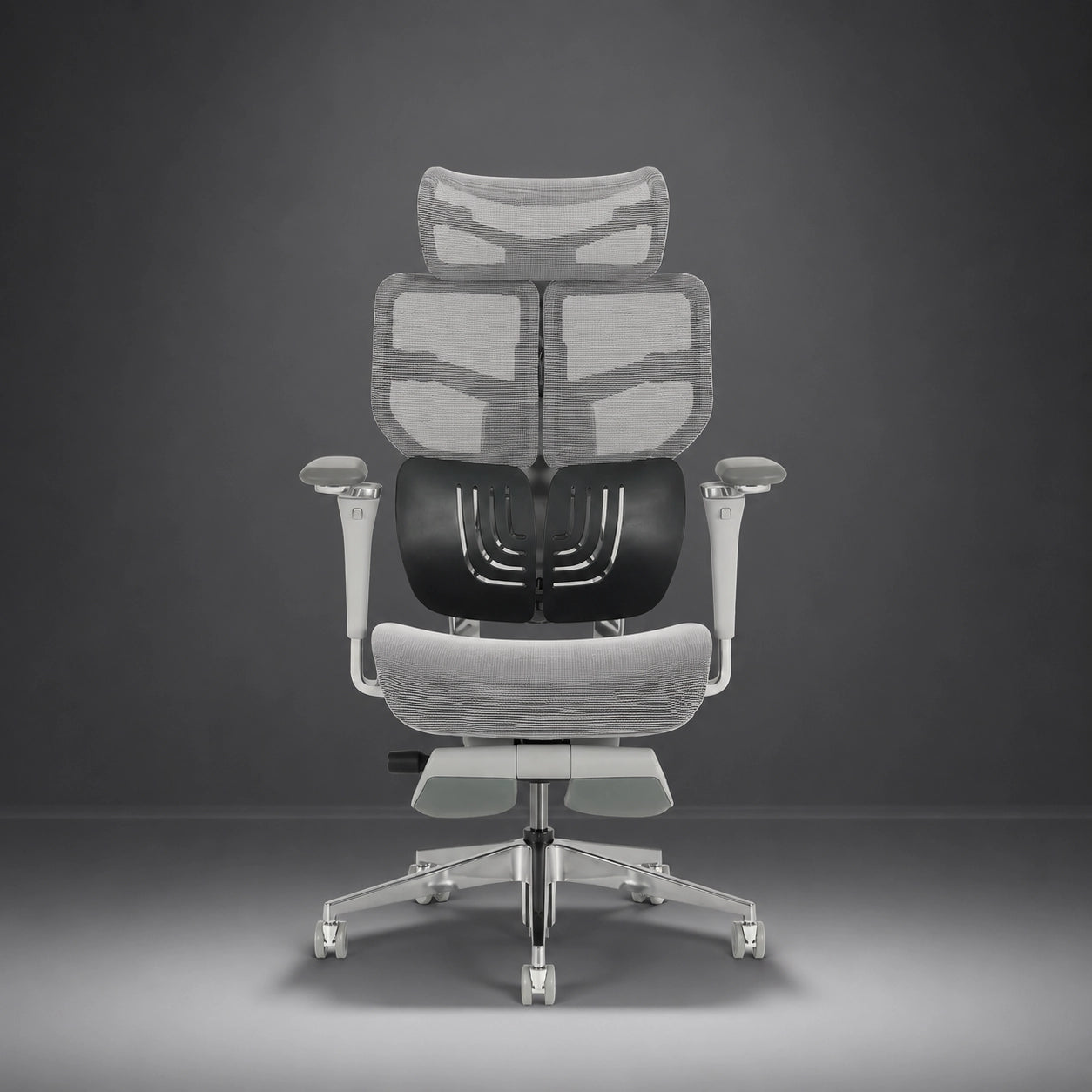 Shappa Spencer ergonomic swivel office chair with adjustable armrests and headrest, grey mesh
