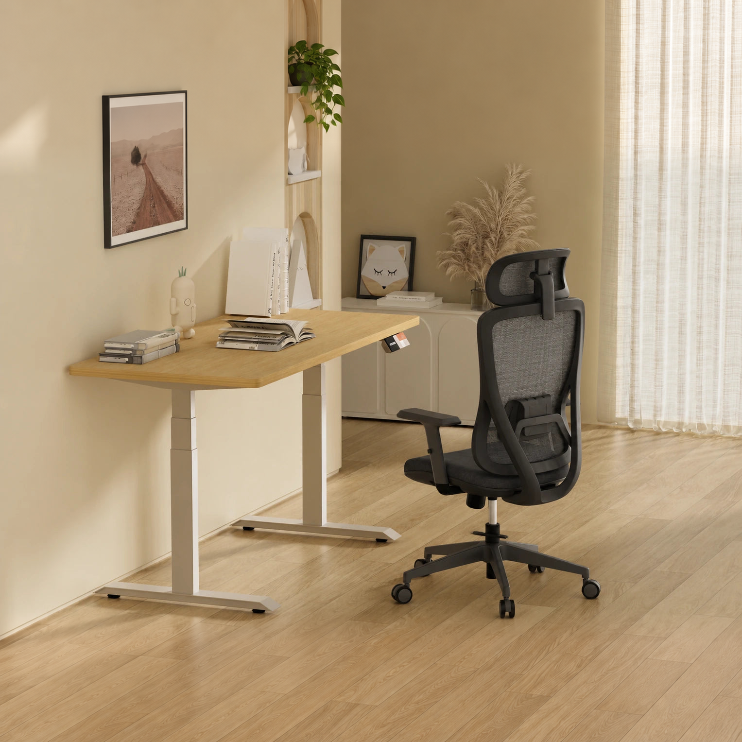 Shappa MS2 electric standing desk with oak tabletop and white frame, paired with a Shappa A7 ergonomic office chair in a home office setting