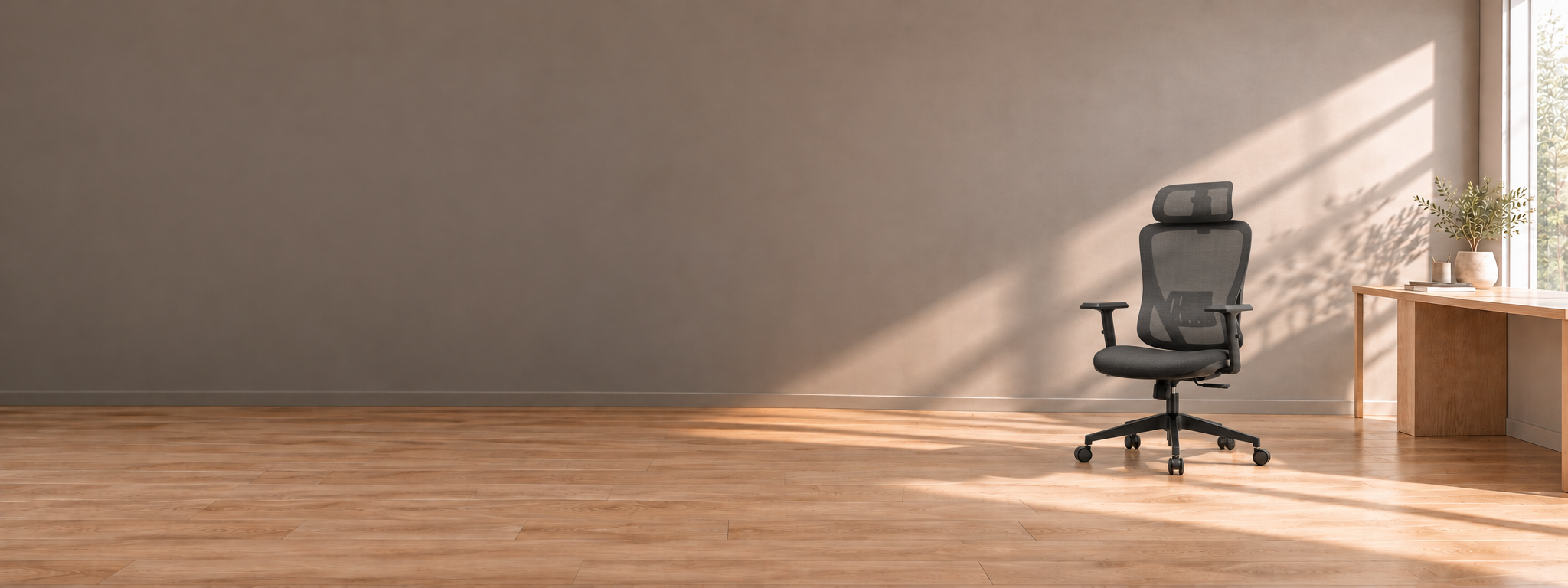 Black ergonomic office chair in a sunlit workspace